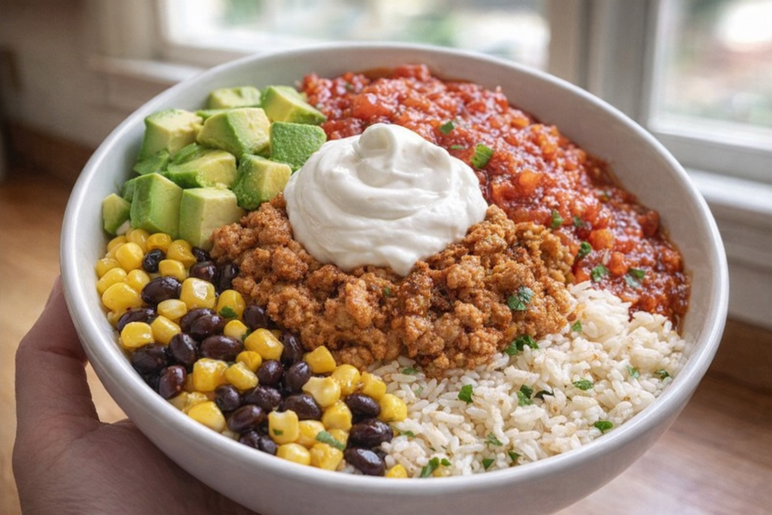 A plated taco bowl with seasoned ground turkey, rice, black beans, corn, salsa, avocado, and a dollop of sour cream, bright natural lighting, 45-degree angle shot